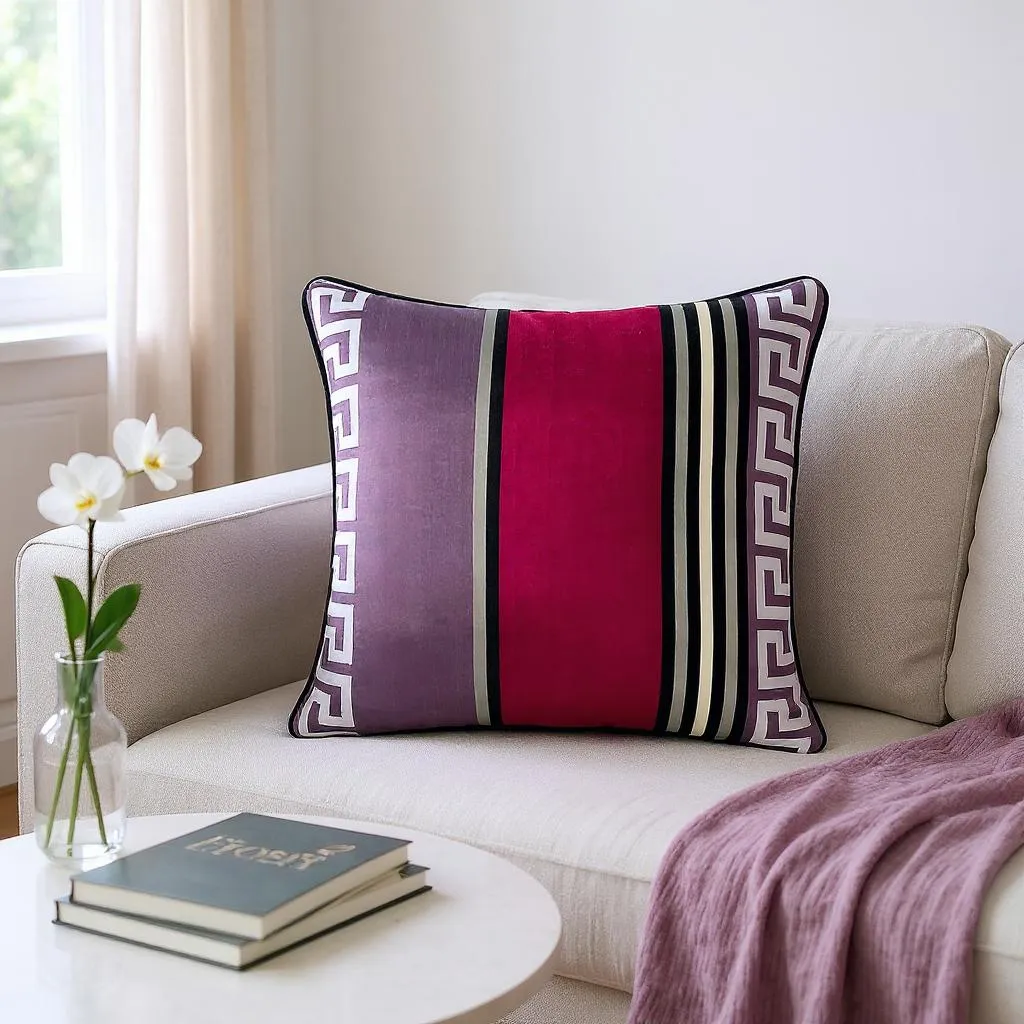 Multicoloured Geometric Striped Silk Cushion, Reversible - 50x50cm