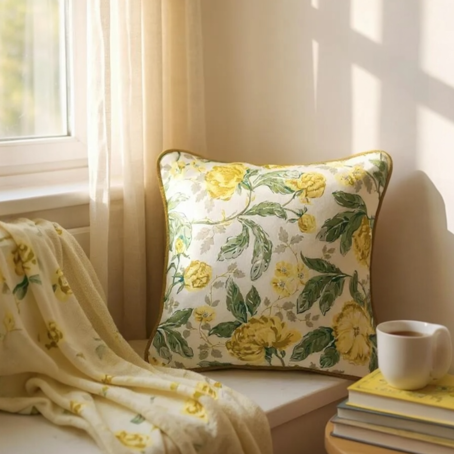 Yellow & Green Floral Printed Cushion, Reversible - 35x35cm