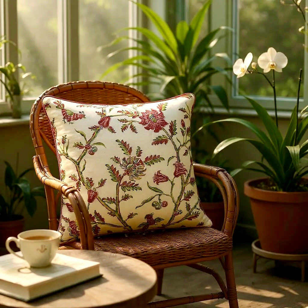 Red, Green & Blue Cashew Nut Tree Cotton Cushion, Reversible 60x60cm