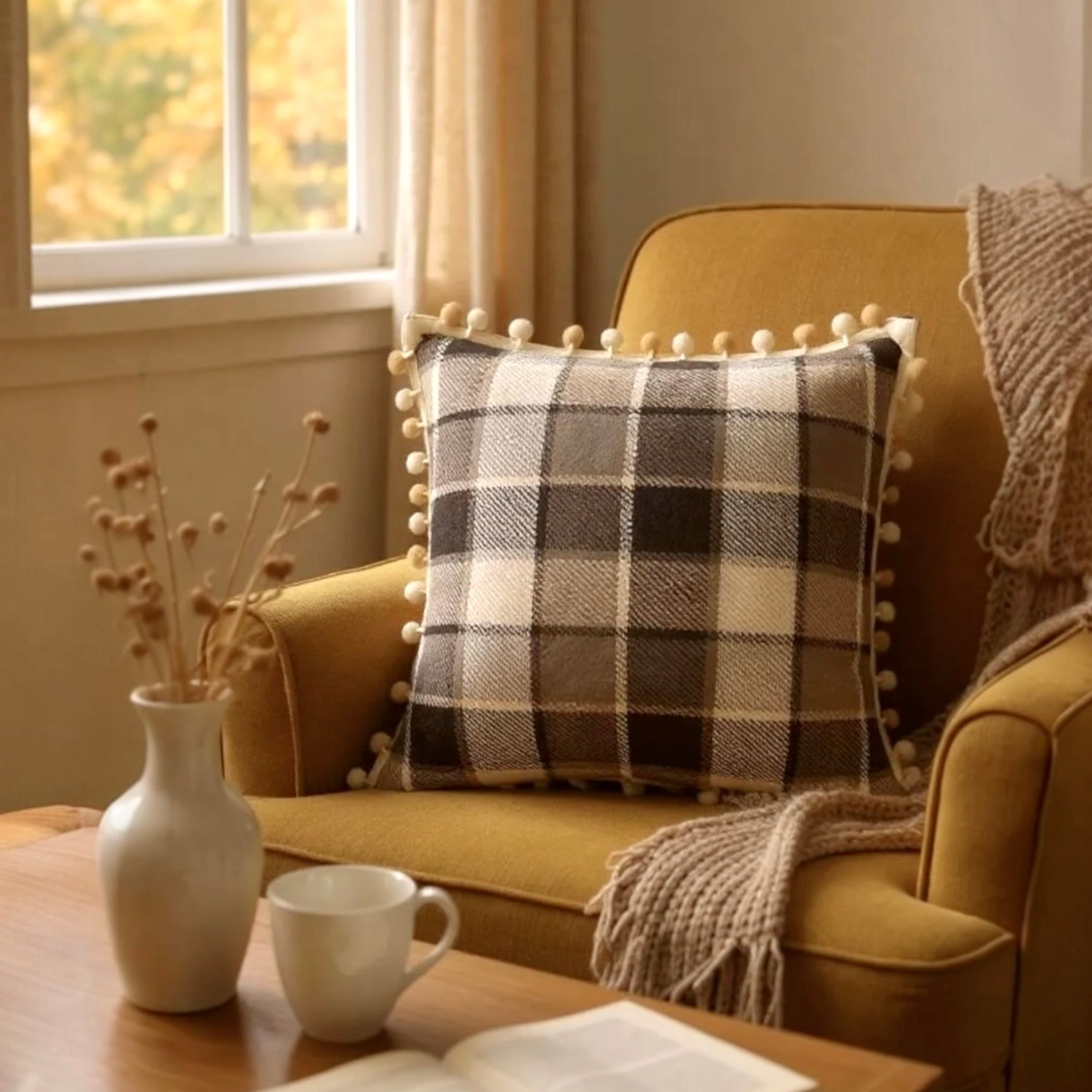 Brown & Cream Check with Pom Pom Trim Cushion, Reversible - 50x50cm
