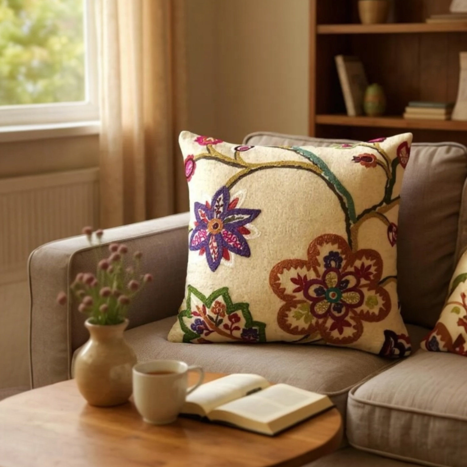 Multicoloured Floral Embroidery Soft Wool Felt Cushion Cover, Purple Backed - 45x45cm