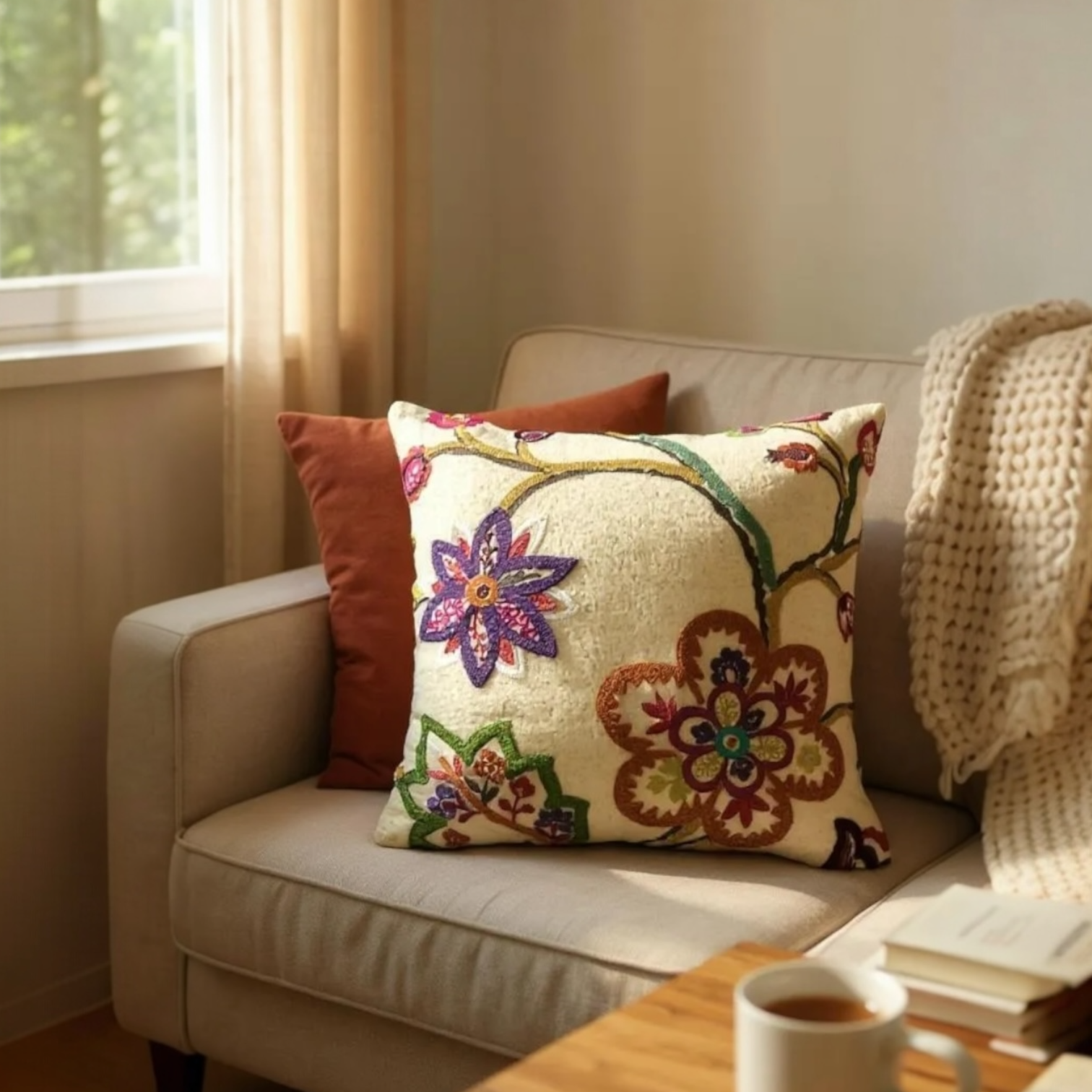 Multicoloured Floral Embroidery Soft Wool Felt Cushion Cover, Purple Backed - 45x45cm