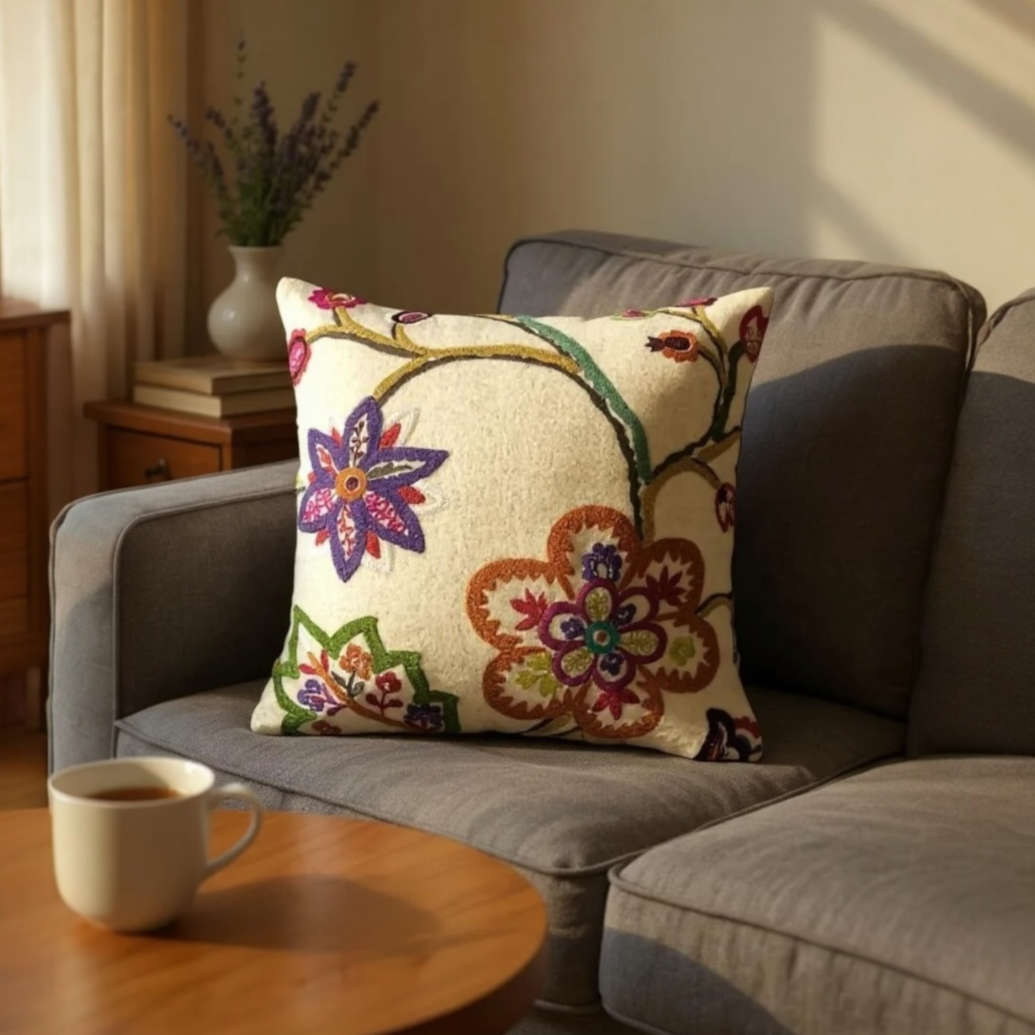 Multicoloured Floral Embroidery Soft Wool Felt Cushion Cover, Purple Backed - 45x45cm