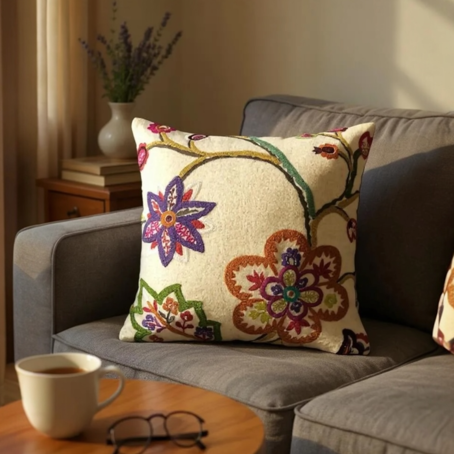 Multicoloured Floral Embroidery Soft Wool Felt Cushion Cover, Purple Backed - 45x45cm