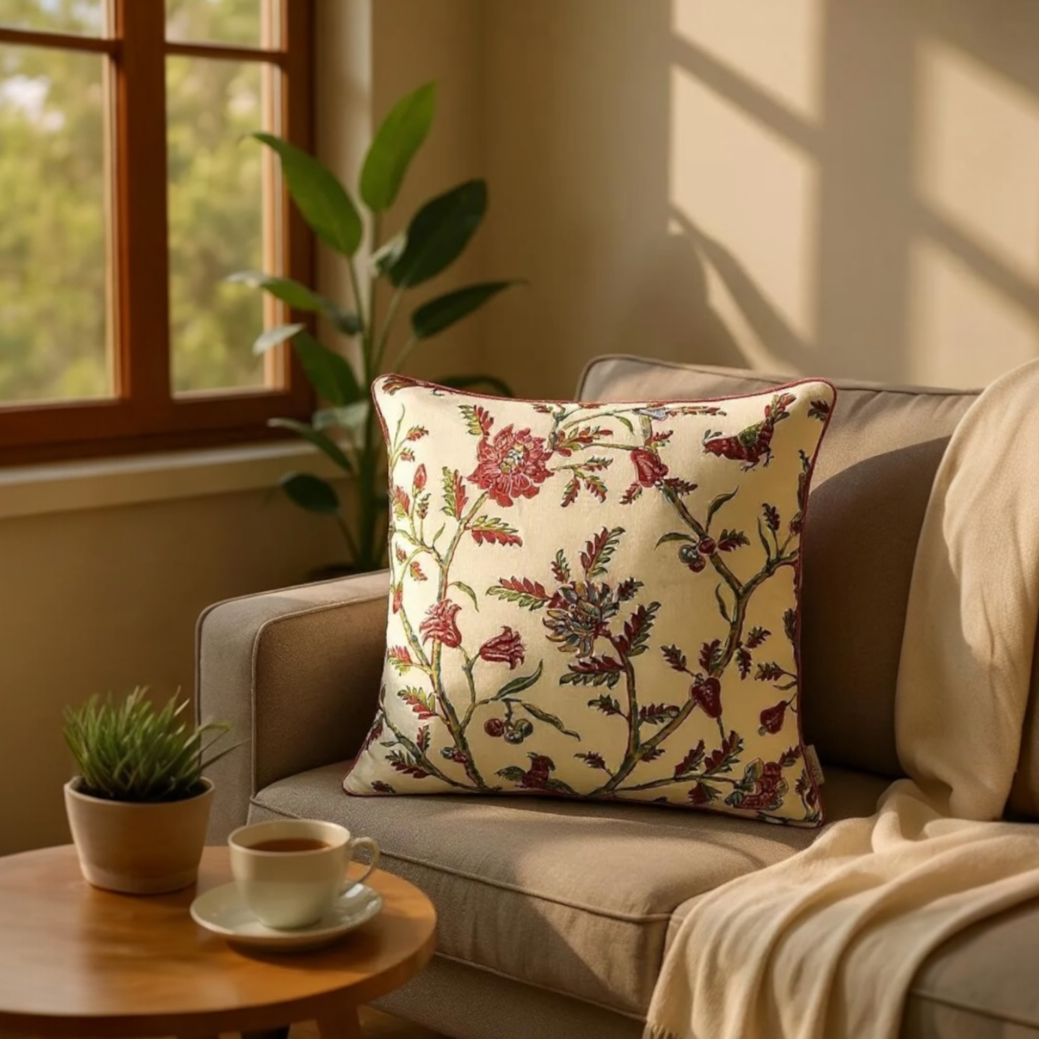 Red, Green & Blue Cashew Nut Tree Cotton Cushion, Reversible 60x60cm