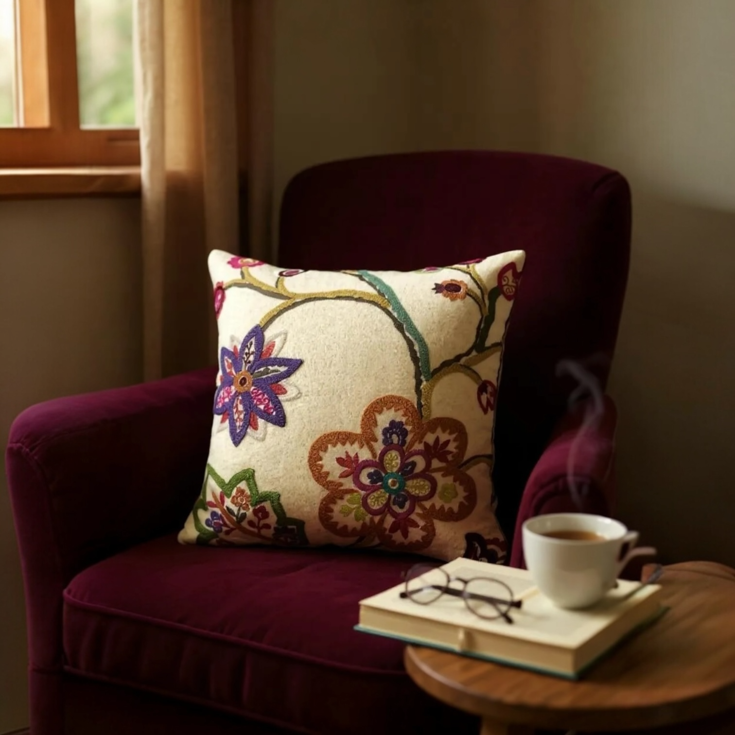 Multicoloured Floral Embroidery Soft Wool Felt Cushion Cover, Purple Backed - 45x45cm