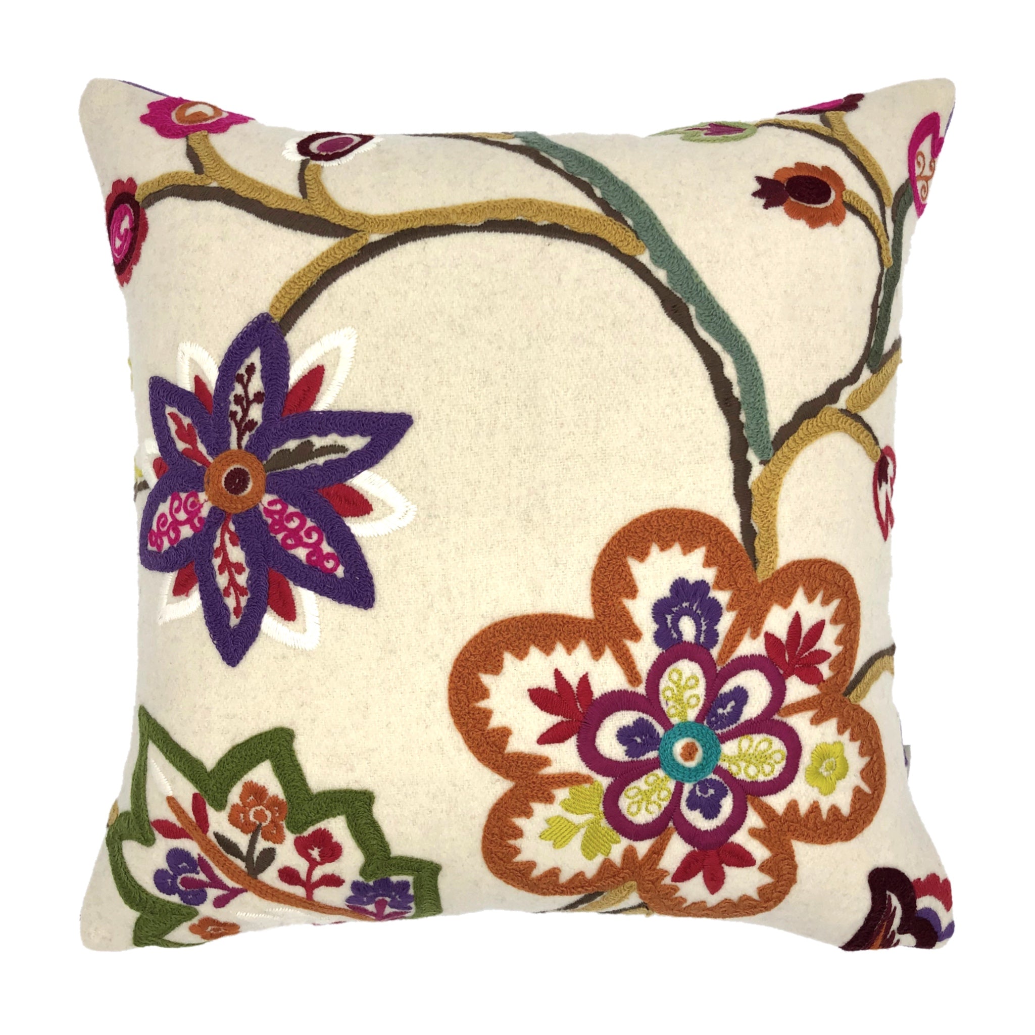 Multicoloured Floral Embroidery Soft Wool Felt Cushion Cover, Purple Backed - 45x45cm