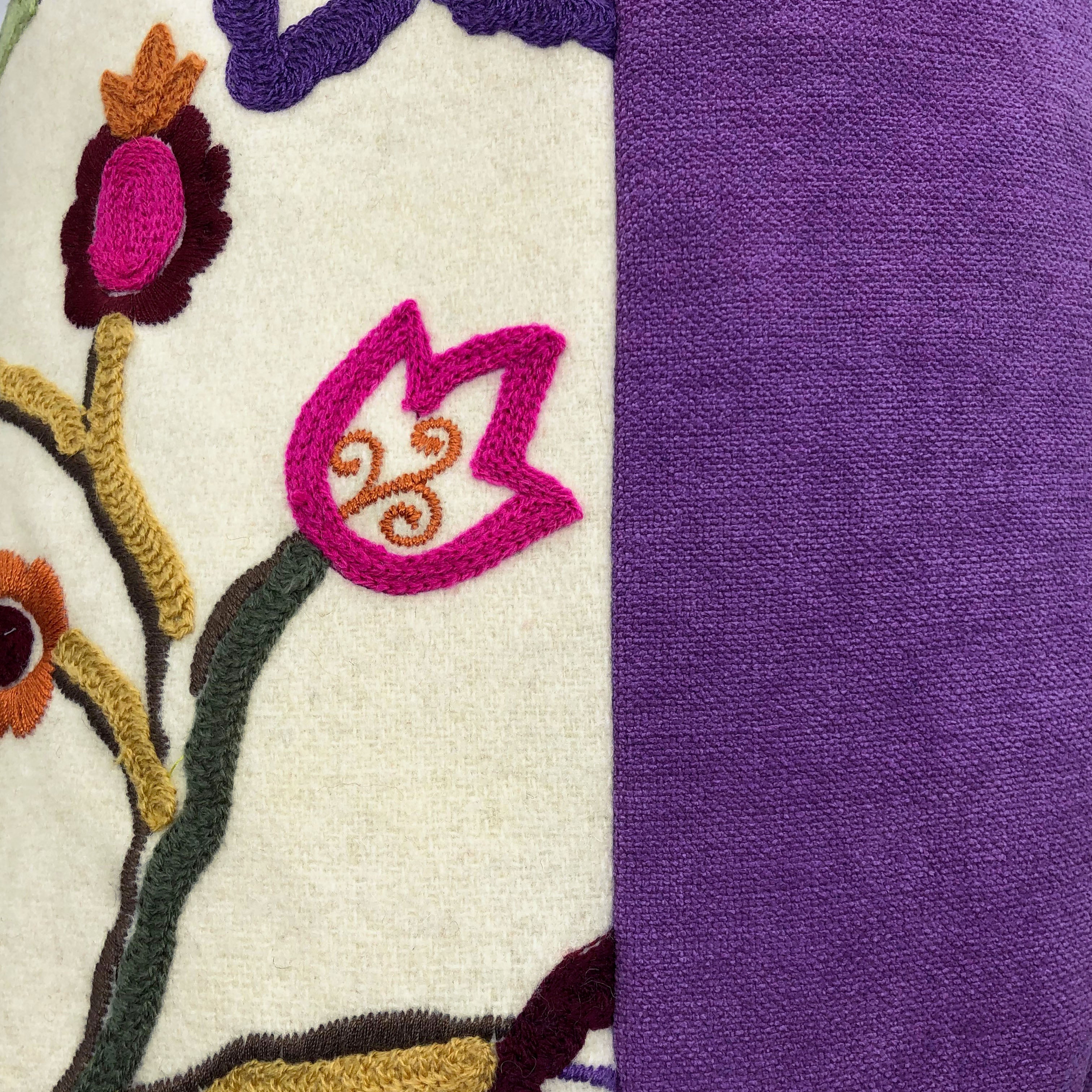 Multicoloured Floral Embroidery Soft Wool Felt Cushion Cover, Purple Backed - 45x45cm