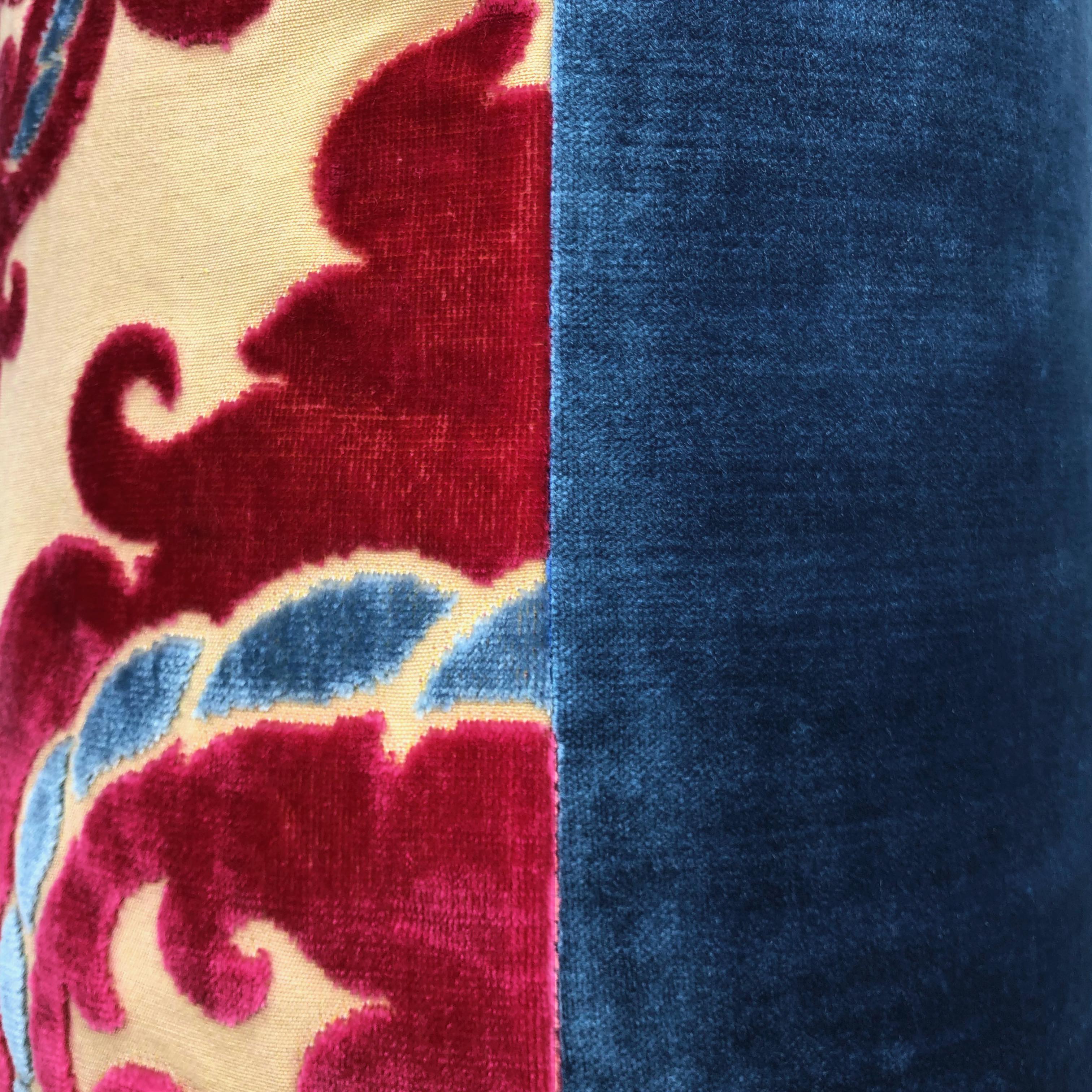 Red & Blue Velvet Paisley Devoré Cushion, Reversible - 60x60cm