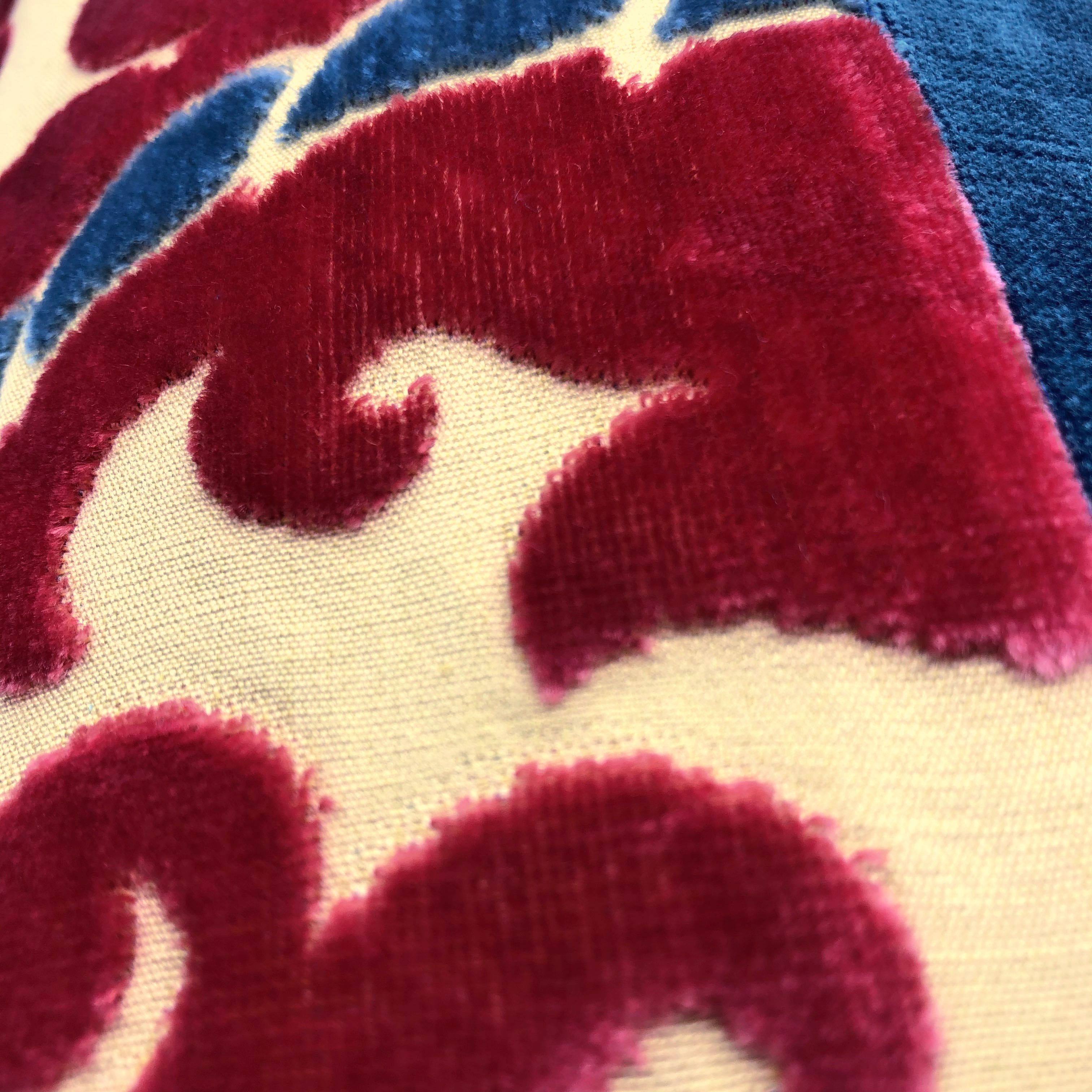 Red & Blue Velvet Paisley Devoré Cushion, Reversible - 60x60cm