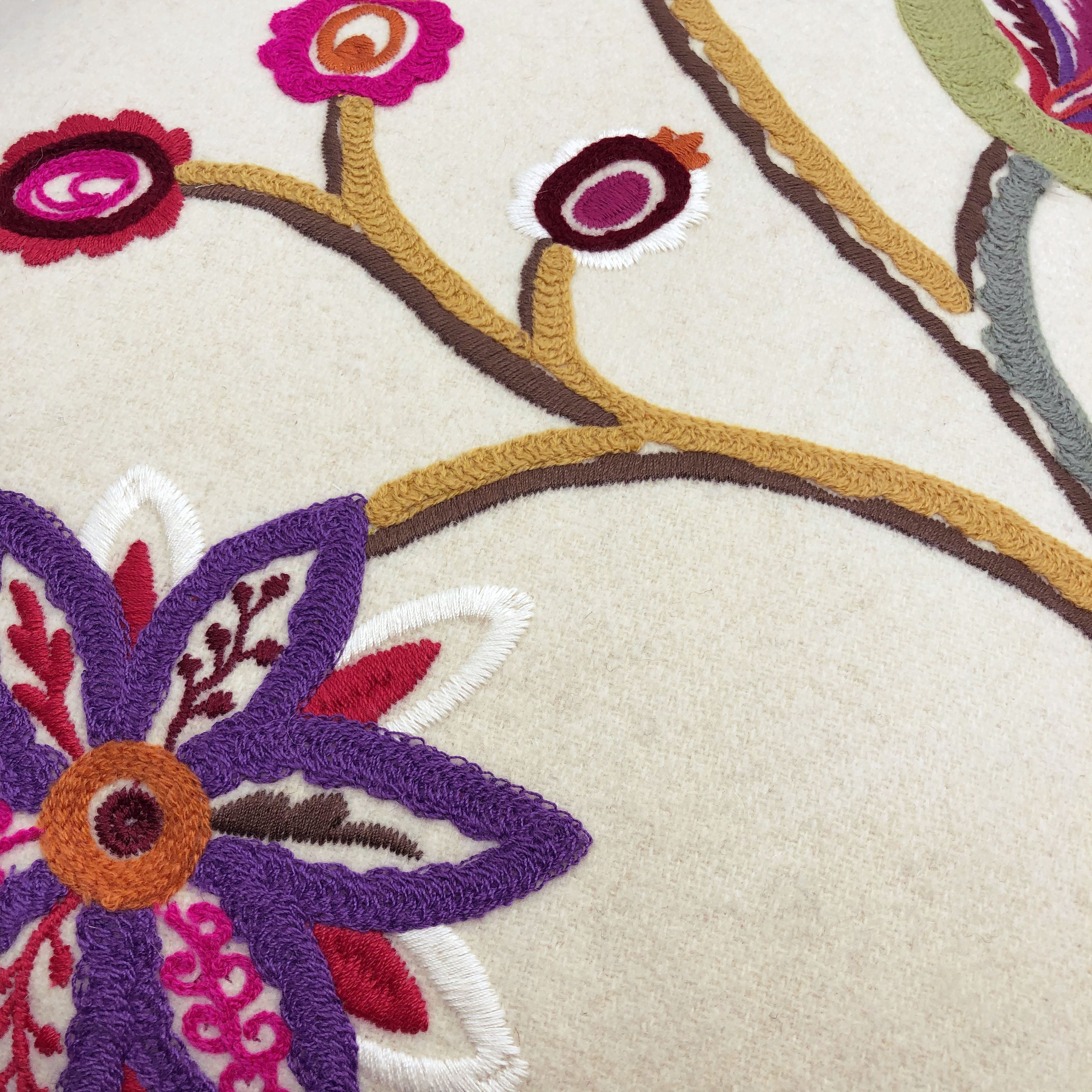 Multicoloured Floral Embroidery Soft Wool Felt Cushion Cover, Purple Backed - 45x45cm