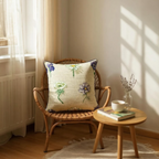 Large Flower Print on Beige Linen Cushion, Reversible - 60x60cm