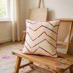 Luxury Beige Cotton Cushion with Pink, Red & Purple Zig Zag Embroidery – Reversible with Silk Backing - 45x45cm