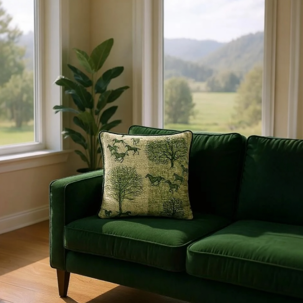 Striped Green Tree & Horse Print Cushion, Reversible - 40x40cm