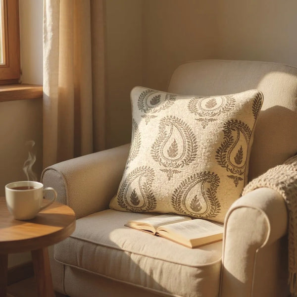 Beige Wool with Brown Paisley Print Cushion, Reversible - 45x45cm