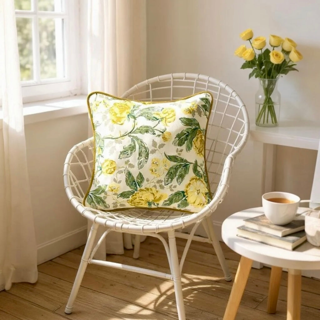Yellow & Green Floral Printed Cushion, Reversible - 35x35cm