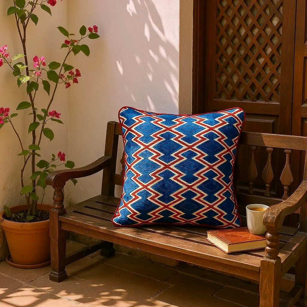 Textured Red & Blue Kilim Motif Cushion - 40x40cm