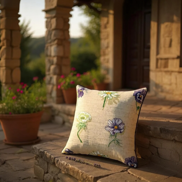 Large Flower Print on Beige Linen Cushion, Reversible - 60x60cm