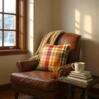 Checked Multicoloured Herringbone Linen Cushion, Reversible - 40x40cm