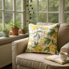 Yellow & Green Floral Printed Cushion, Reversible - 35x35cm