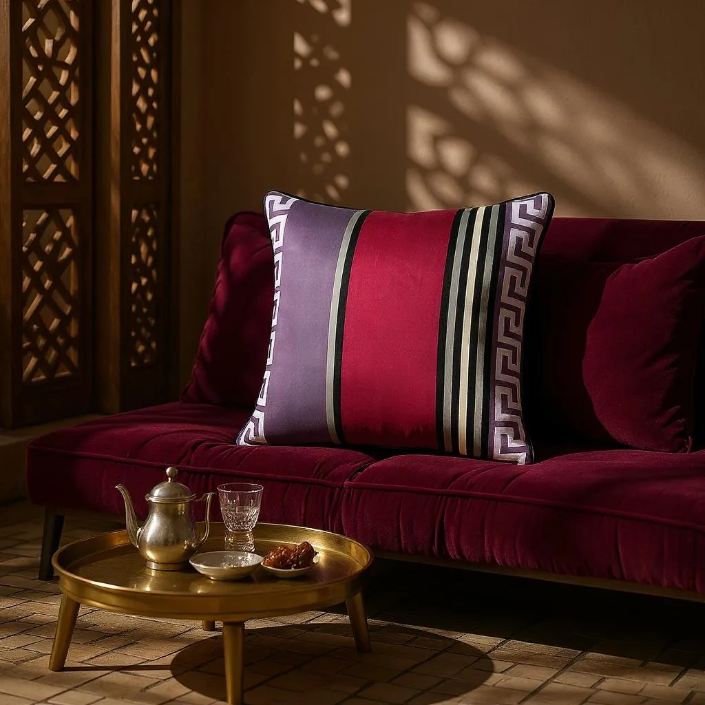 Multicoloured Geometric Striped Silk Cushion, Reversible - 50x50cm