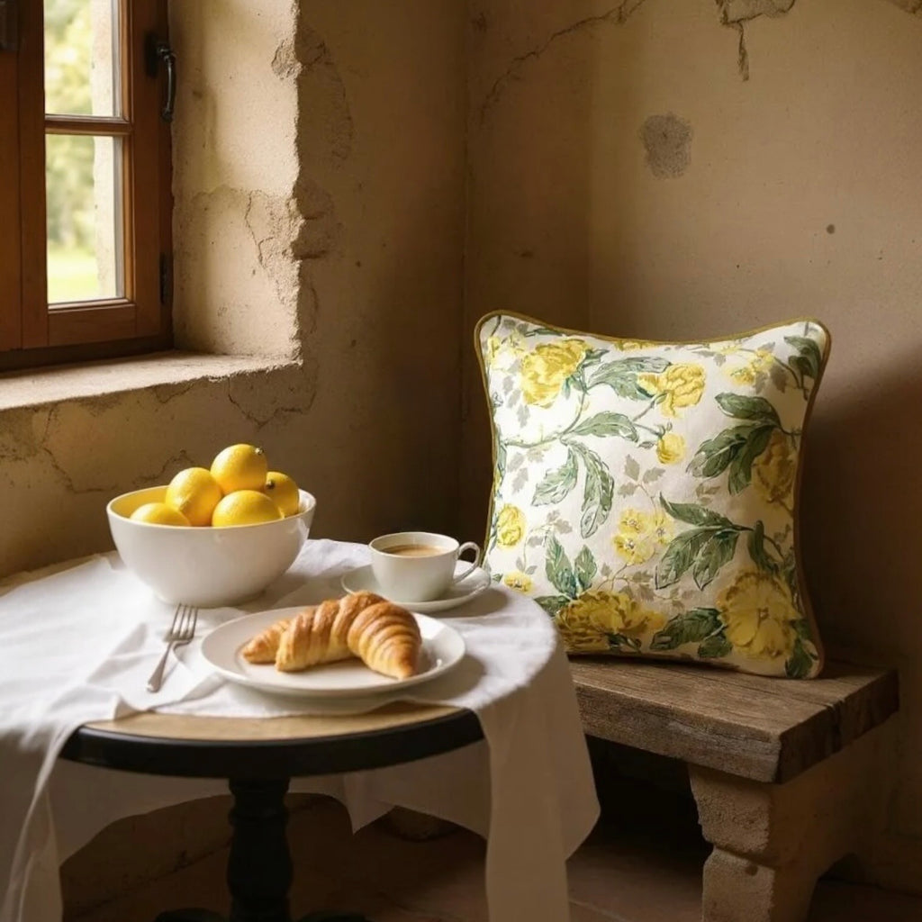 Yellow & Green Floral Printed Cushion, Reversible - 35x35cm