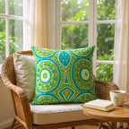 Large sustainable embroidered cushion with green and blue geometric design on linen, reversible wool back, 65x65cm floor cushion.