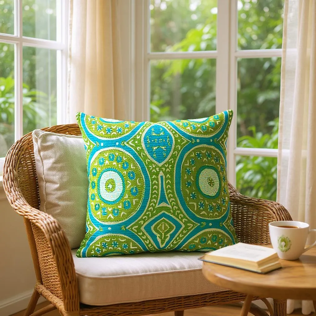 Large sustainable embroidered cushion with green and blue geometric design on linen, reversible wool back, 65x65cm floor cushion.