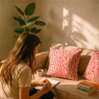 Pink & Beige Jacquard Cushion Cover, Reversible with Velvet Backing - 45x45cm