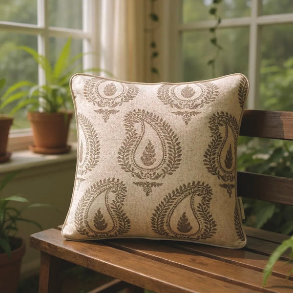 Beige Wool with Brown Paisley Print Cushion, Reversible - 45x45cm