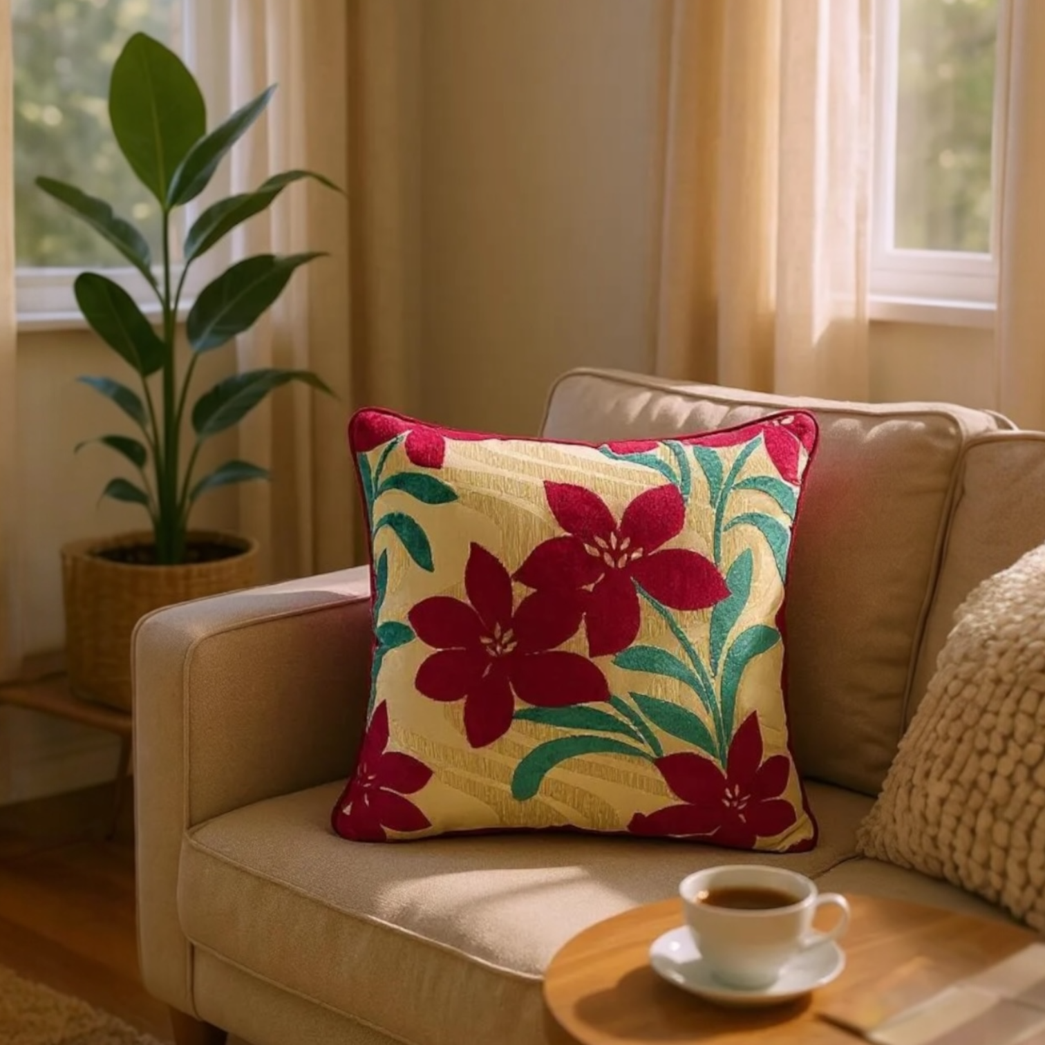 Red Velvet Devoré Flower on Gold Jacquard Cushion Cover, Reversible - 50x50cm