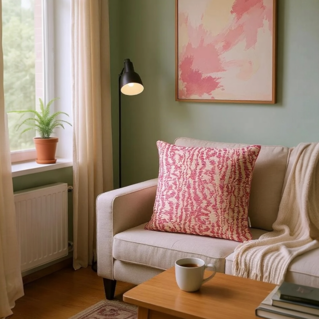 Pink & Beige Jacquard Cushion Cover, Reversible with Velvet Backing - 45x45cm