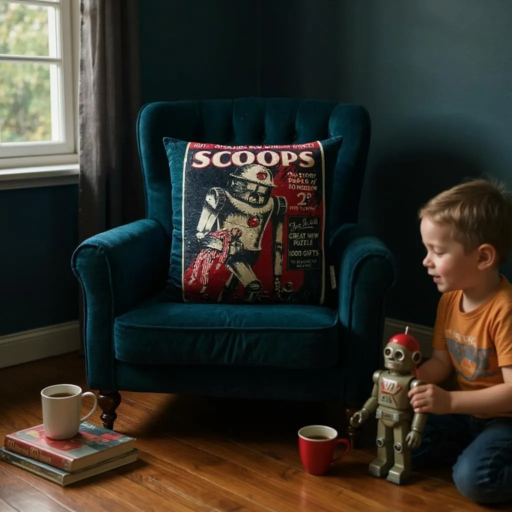 Navy Blue & Red Novelty Robot Print Cushion, Reversible - 40x40cm