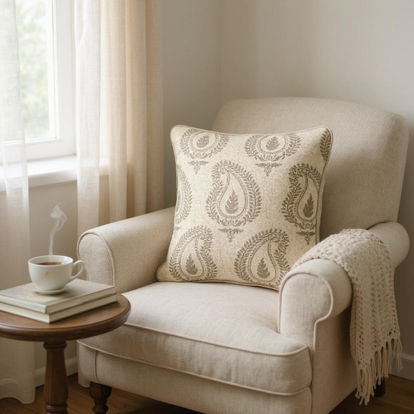 Beige Wool with Brown Paisley Print Cushion, Reversible - 45x45cm