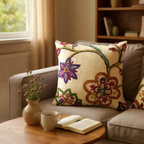 Multicoloured Floral Embroidery Soft Wool Felt Cushion Cover, Purple Backed - 45x45cm