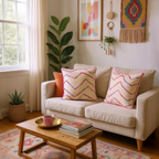 Luxury Beige Cotton Cushion with Pink, Red & Purple Zig Zag Embroidery – Reversible with Silk Backing - 45x45cm