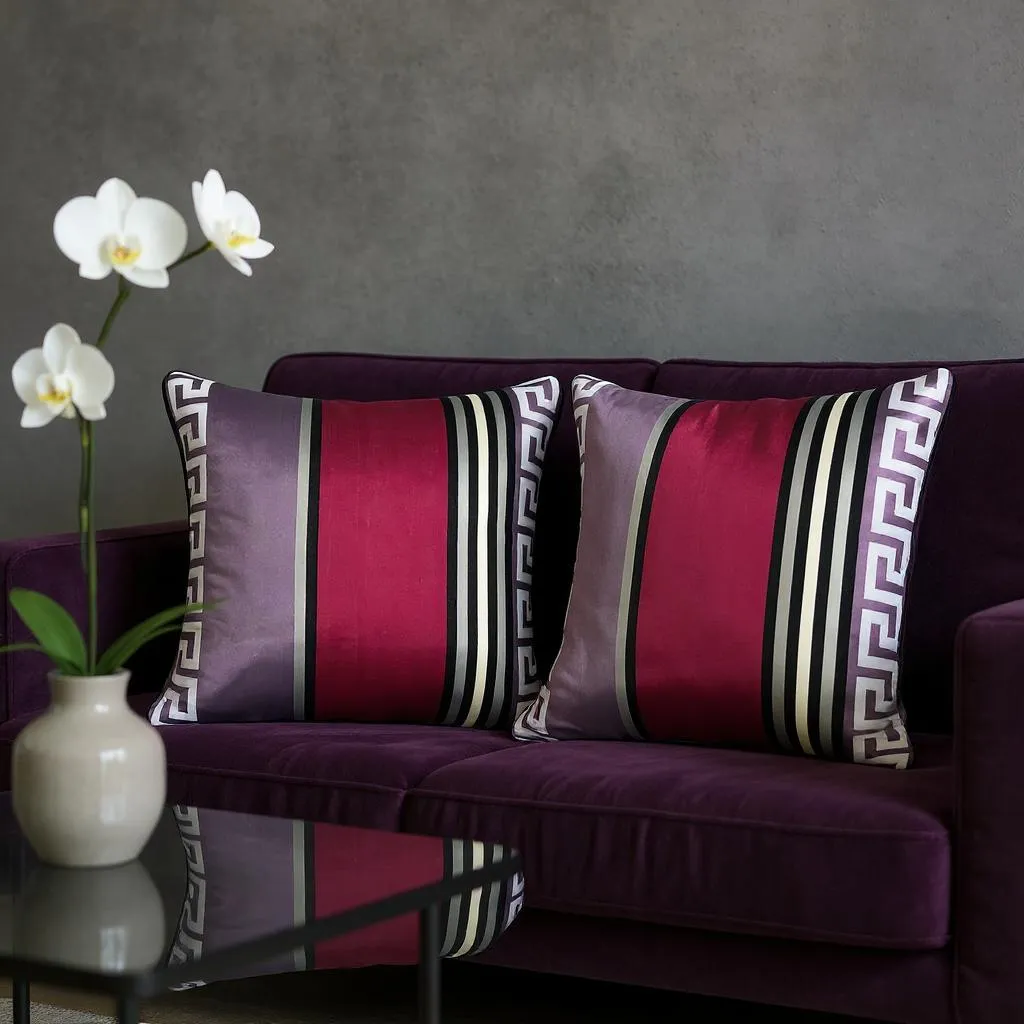 Multicoloured Geometric Striped Silk Cushion, Reversible - 50x50cm