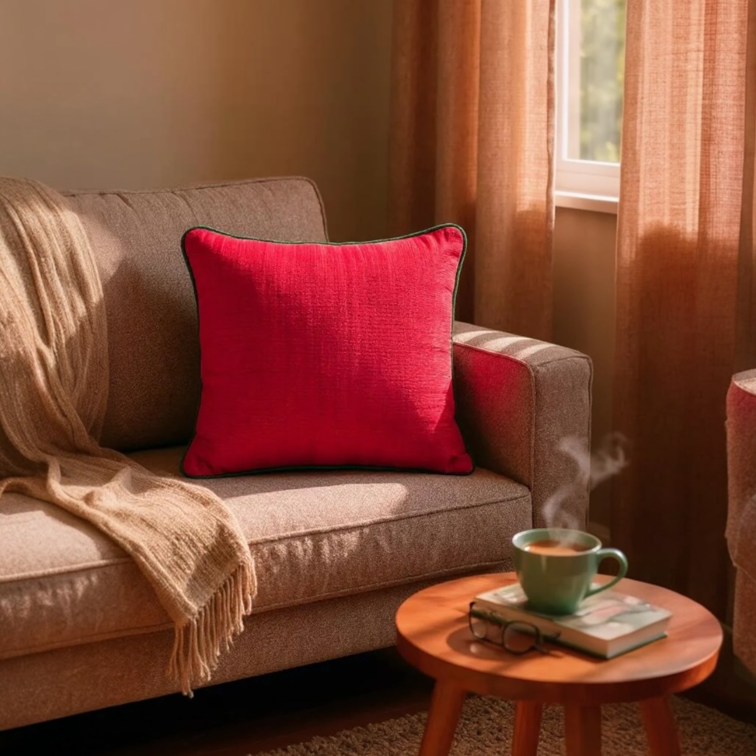 Textured Red Cushion Cover with Green Piping - 40x40cm
