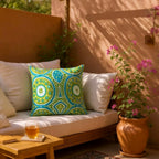 Very Large Embroidered Blue & Green Linen Cushion, Reversible - 65x65cm