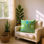 Large sustainable embroidered cushion with green and blue geometric design on linen, reversible wool back, 65x65cm floor cushion.
