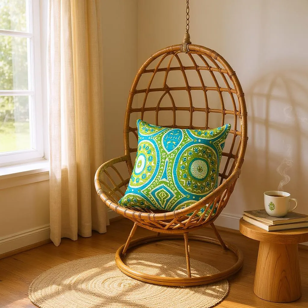 Large sustainable embroidered cushion with green and blue geometric design on linen, reversible wool back, 65x65cm floor cushion.