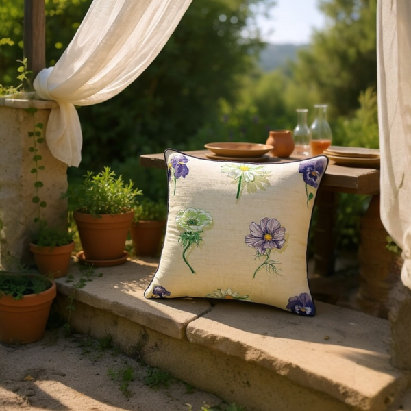Large Flower Print on Beige Linen Cushion, Reversible - 60x60cm