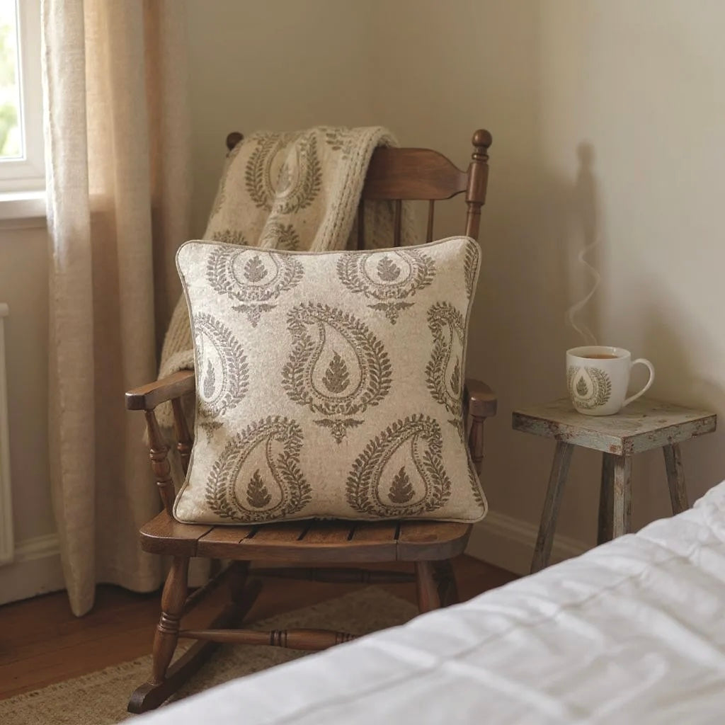 Beige Wool with Brown Paisley Print Cushion, Reversible - 45x45cm