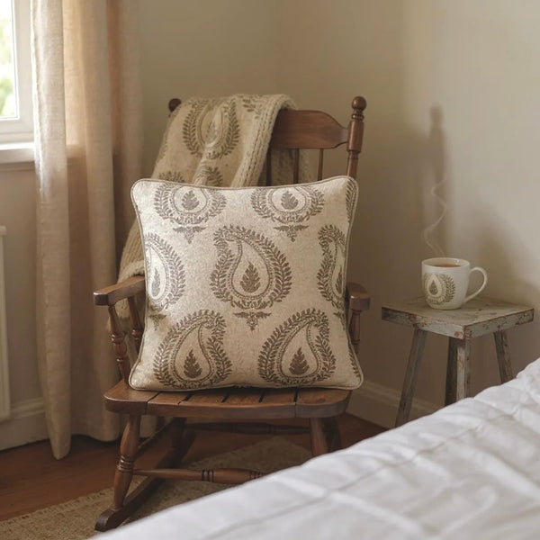 Beige Wool with Brown Paisley Print Cushion, Reversible - 45x45cm