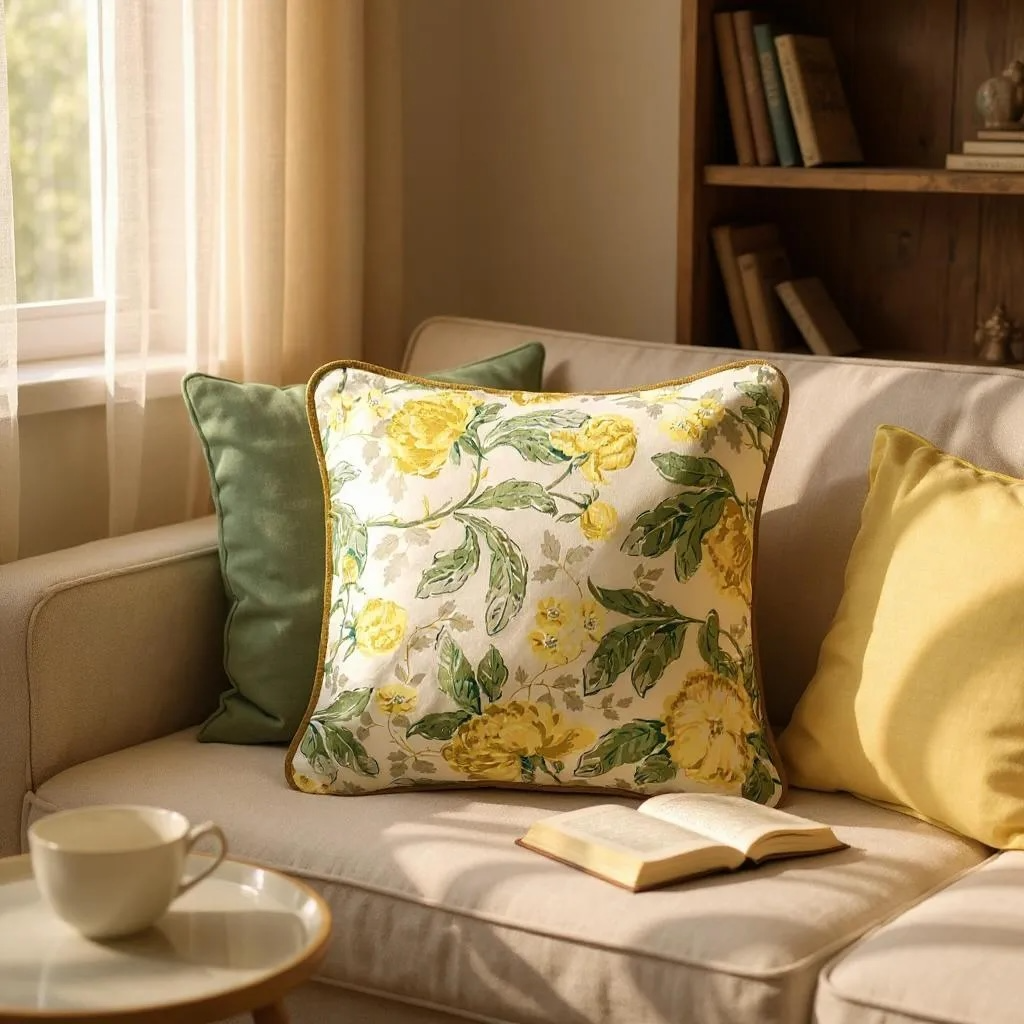 Yellow & Green Floral Printed Cushion, Reversible - 35x35cm