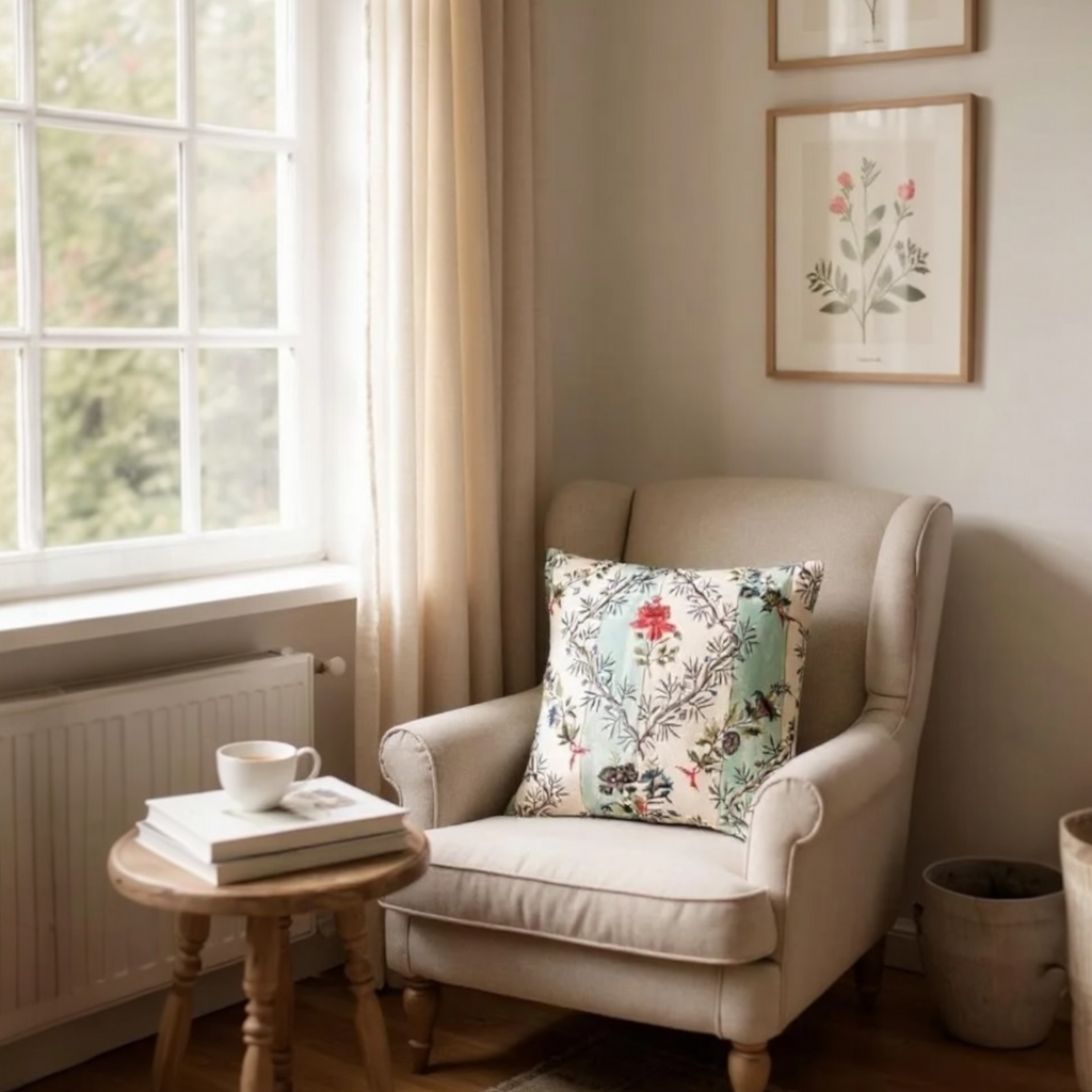 Floral Embroidered Striped Linen Cushion, Reversible - 40x40cm