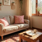 Pink & Beige Jacquard Cushion Cover, Reversible with Velvet Backing - 45x45cm