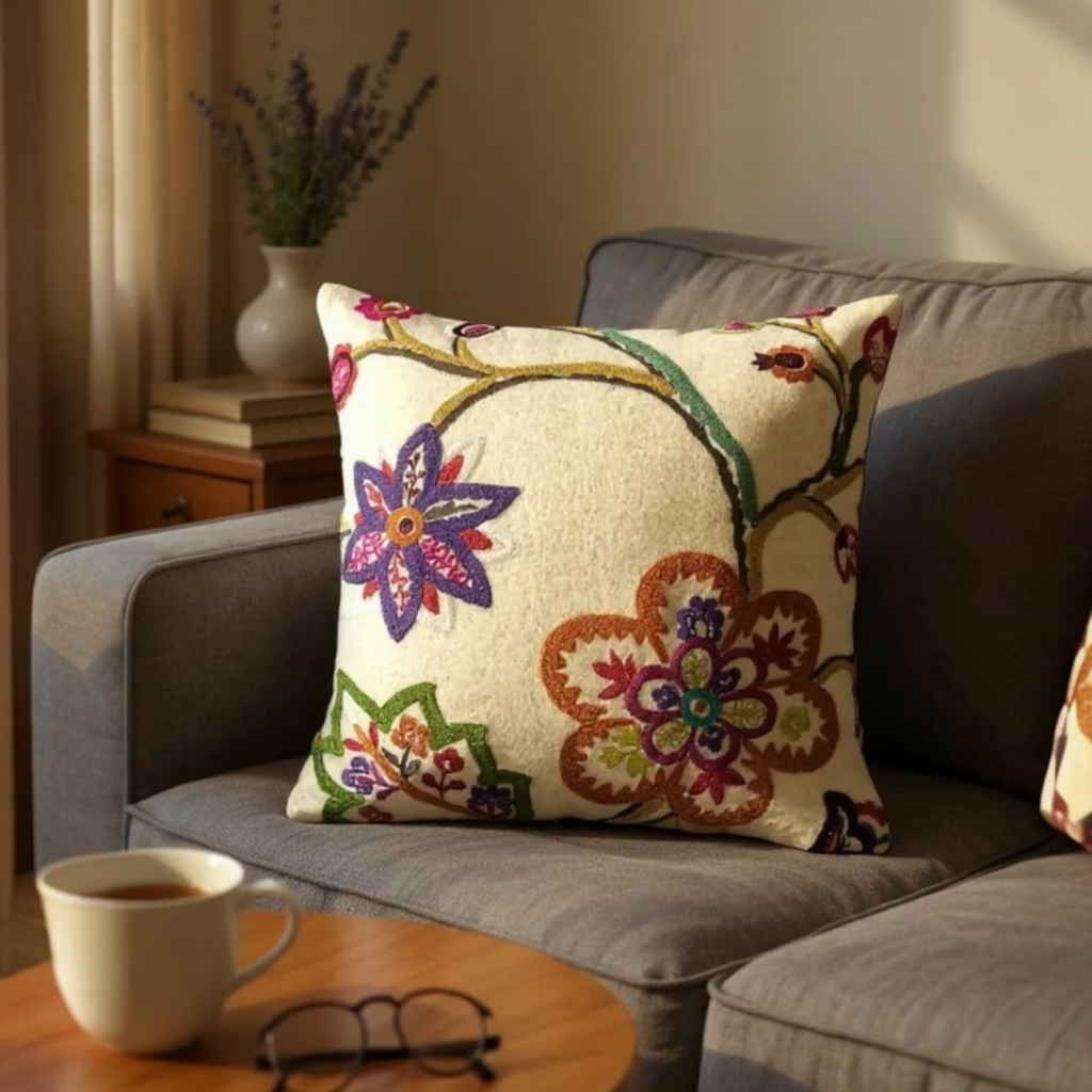 Multicoloured Floral Embroidery Soft Wool Felt Cushion Cover, Purple Backed - 45x45cm