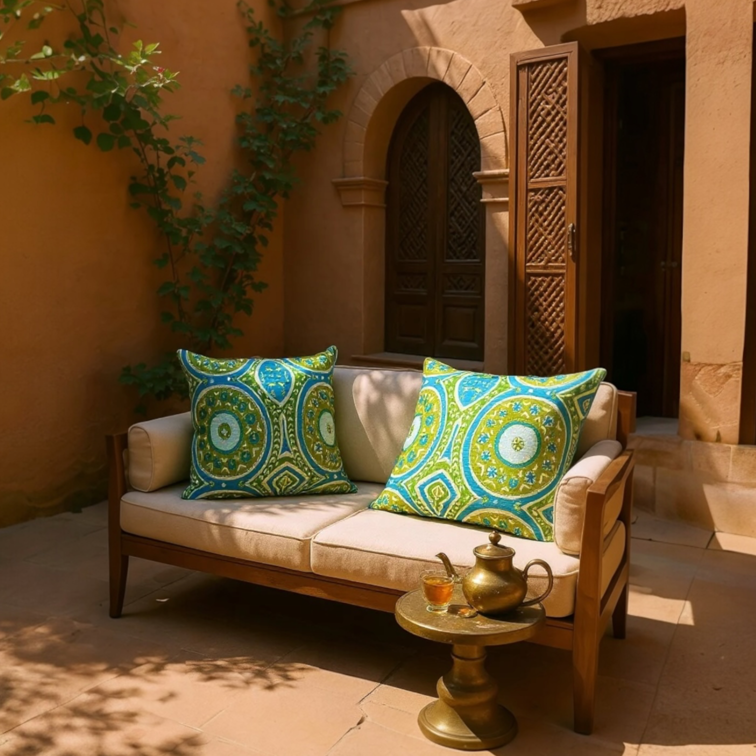 Large sustainable embroidered cushion with green and blue geometric design on linen, reversible wool back, 65x65cm floor cushion.