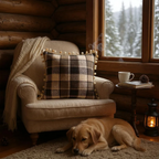 Brown & Cream Check with Pom Pom Trim Cushion, Reversible - 50x50cm